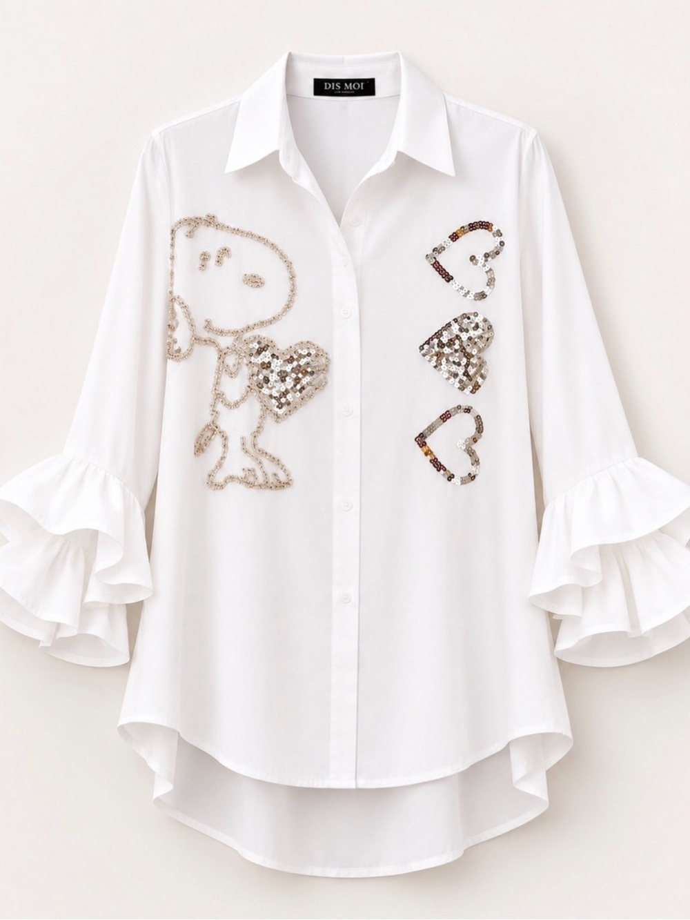 Made in Italy
White Embellished Button-Up
Shirt with Ruffled Sleeves - Picture 2 of 3